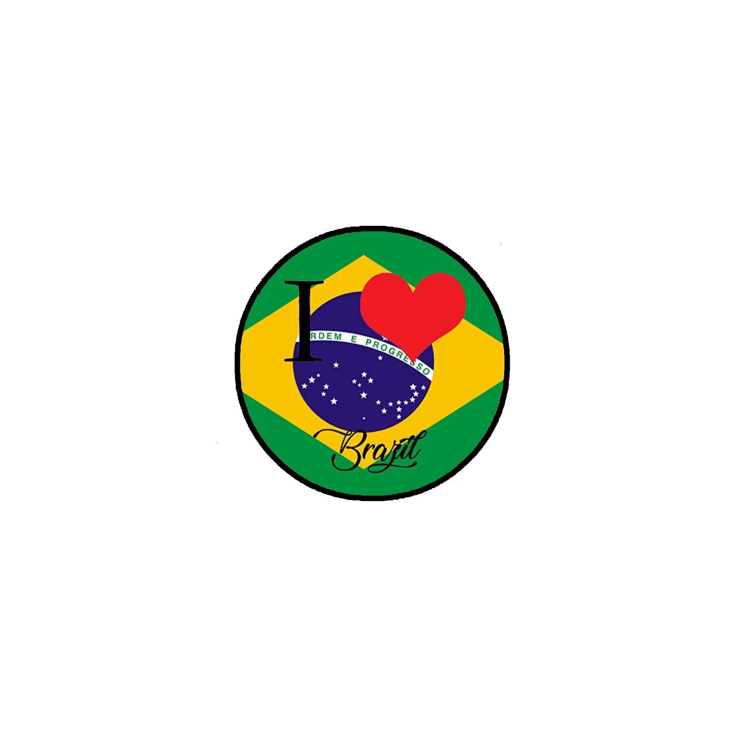 Circular I Love Brazil pinback badge with Brazil flag colors and red heart