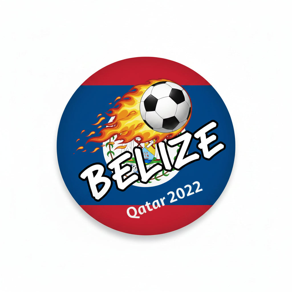 Belize soccer pinback button with circular black border, colorful crest and “Qatar 2022”