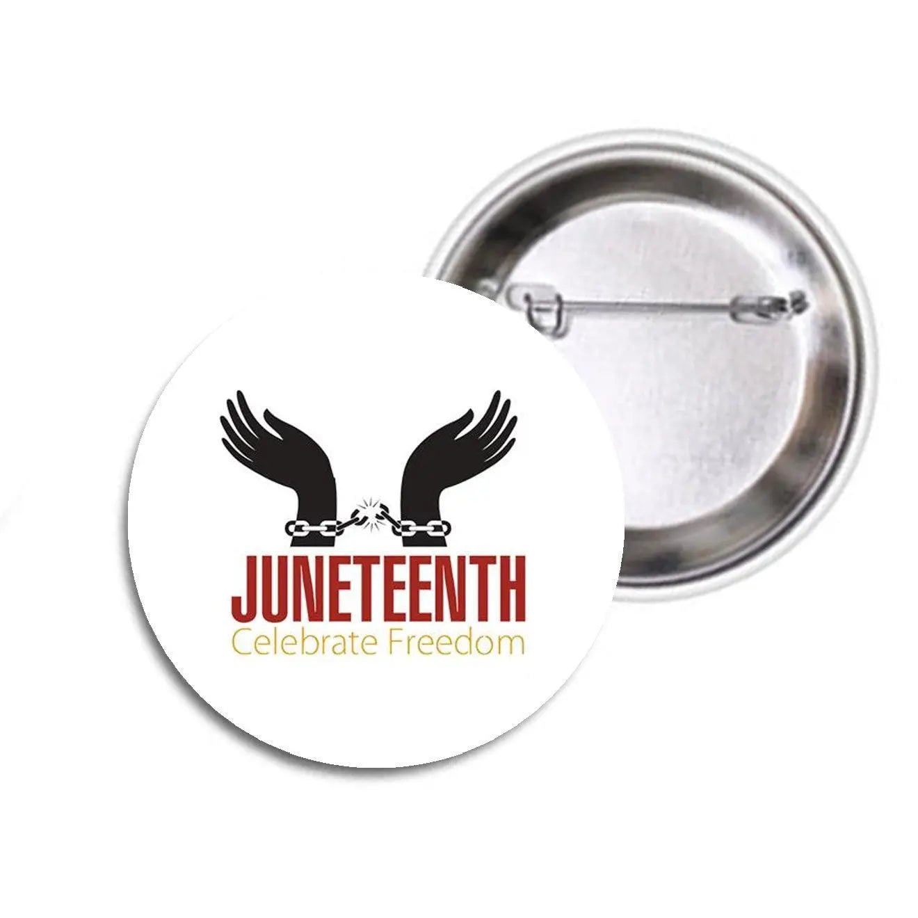 2.25-inch Juneteenth pinback button with white face, raised hands and handcuffs, red text