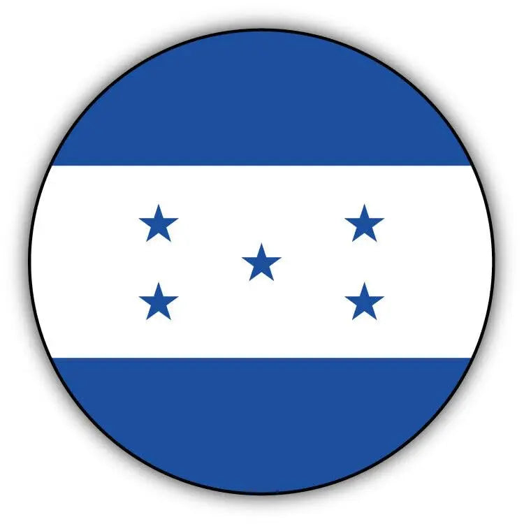 Round Honduran flag pinback button with blue-white stripes and five white stars