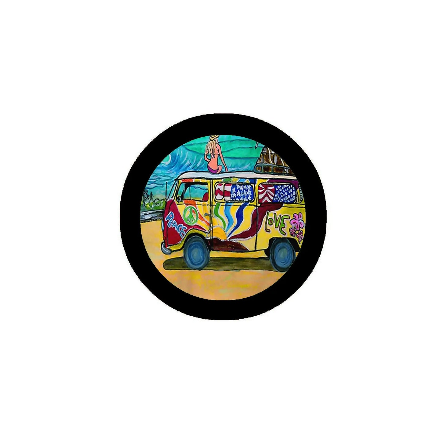 Hippie bus vehicle pinback button badge with colorful illustrated van design