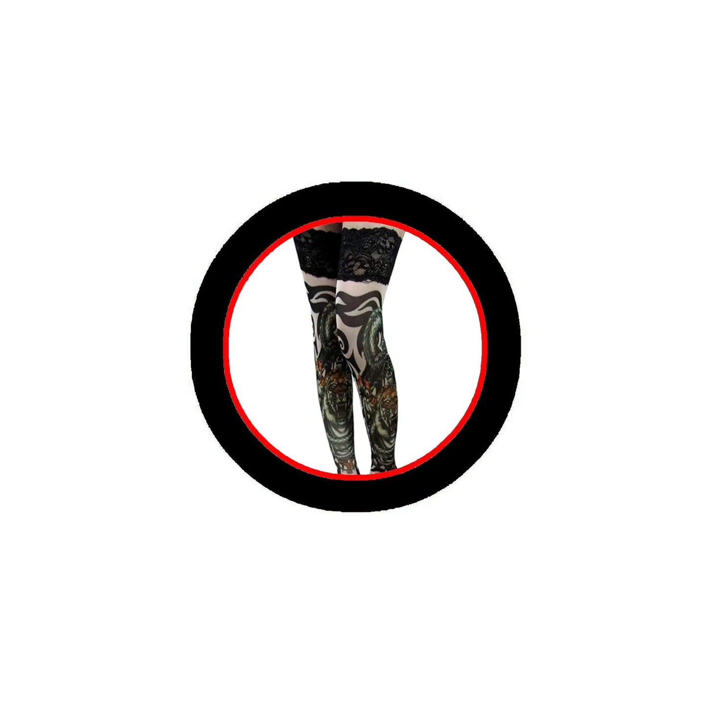 Over-the-knee black socks with tiger tribal tattoo print on the leg