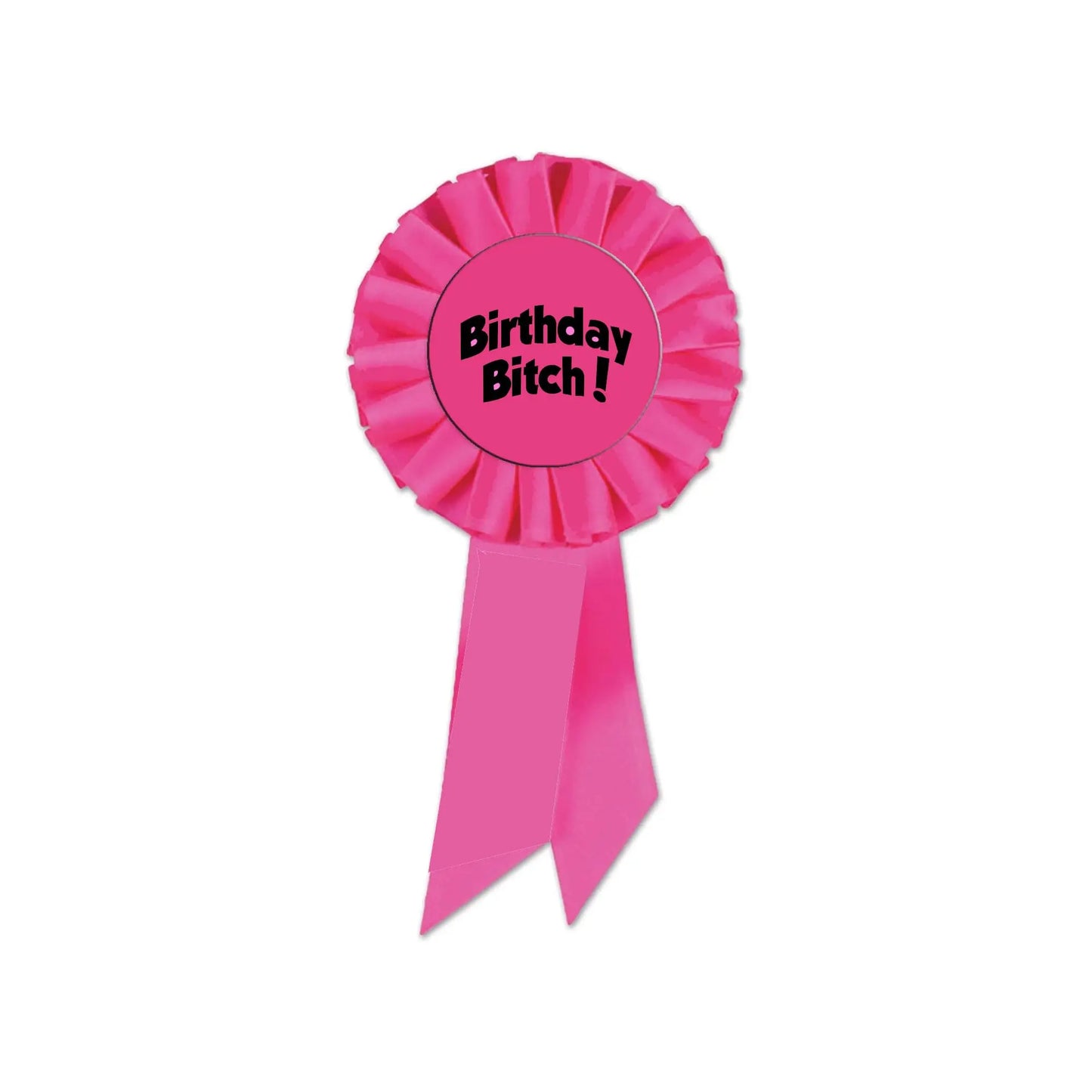 Pink rosette pin badge with circular center text and hanging ribbon