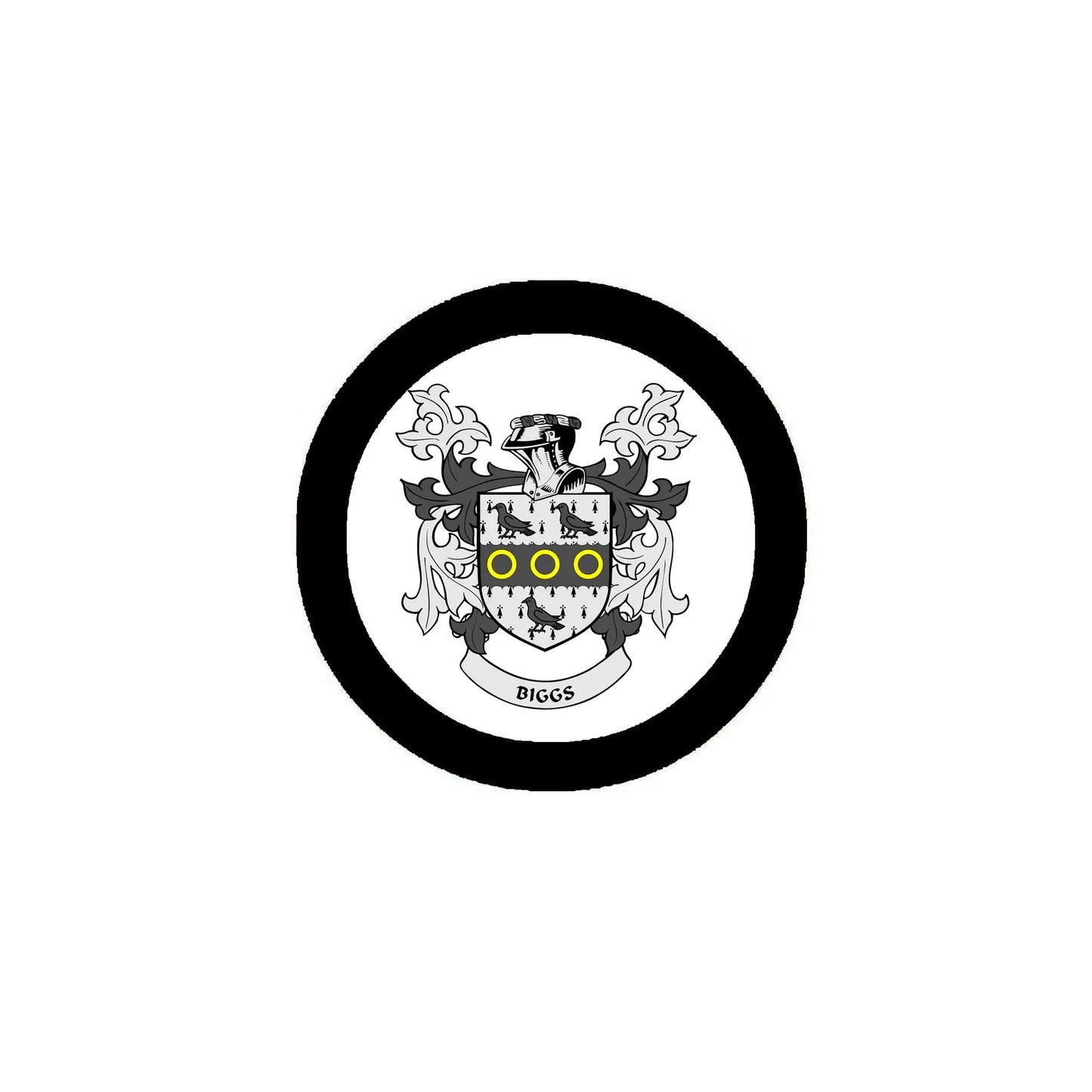 Round family crest arms magnet with black rim and shield, 3-inch badge