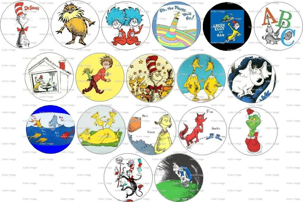 Set of 18 round DR. SEUSS pinback buttons with assorted character designs