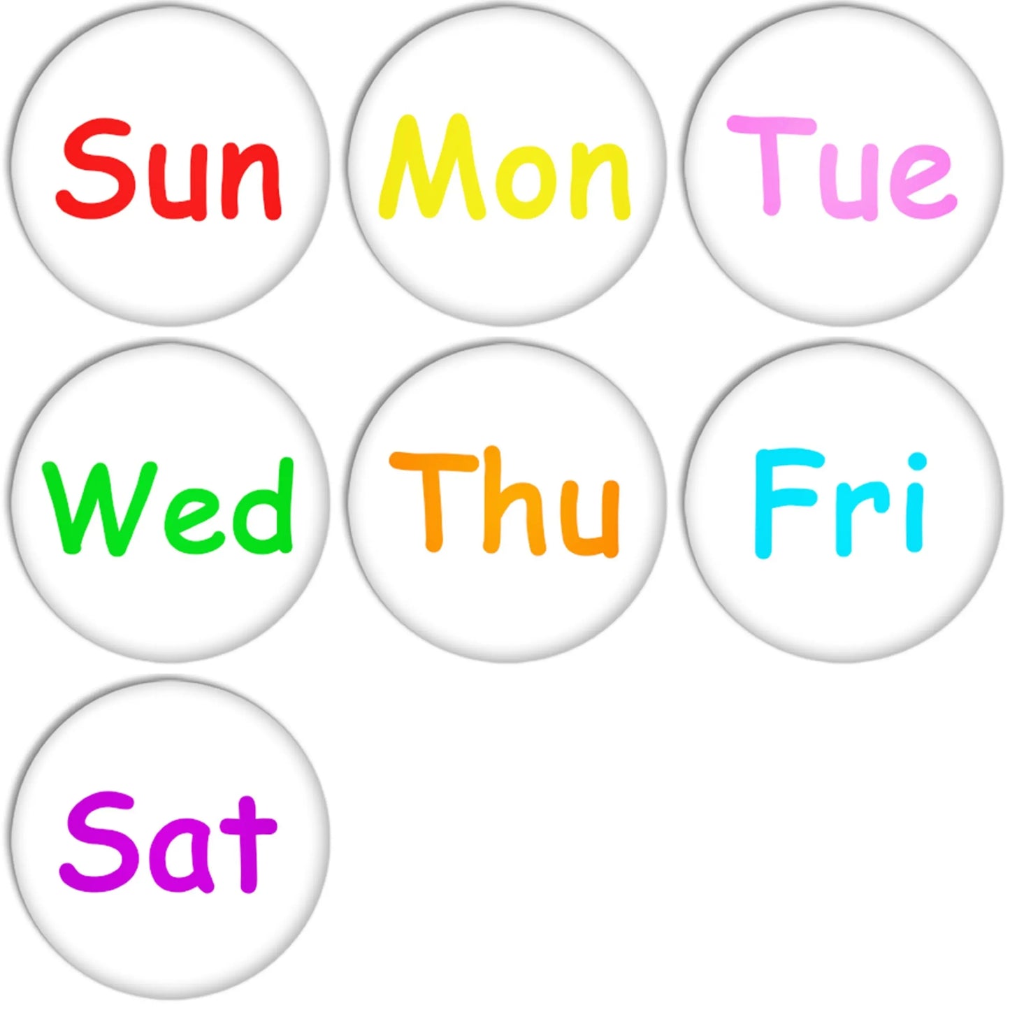 Alphabet day pinback buttons set of 7, circular enamel badges with Sun–Sat text