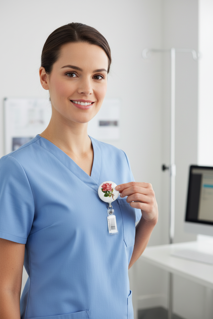 Rose badge reel with felt flower charm clipped on ID holder over blue scrub top
