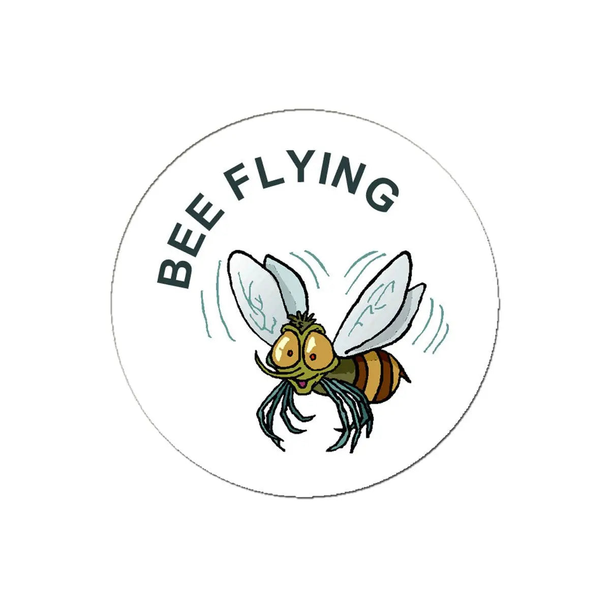 Round pinback button with flying bee illustration and “BEE FLYING” text