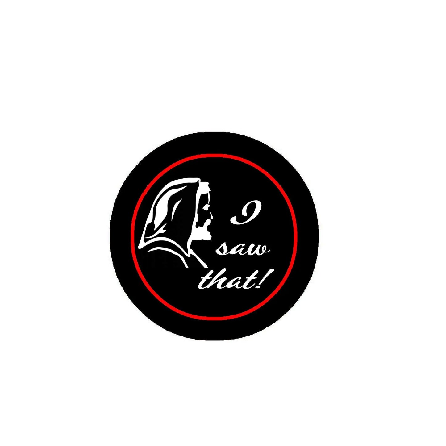 Round black pinback button with red border, white silhouette, and cursive “Save that!”