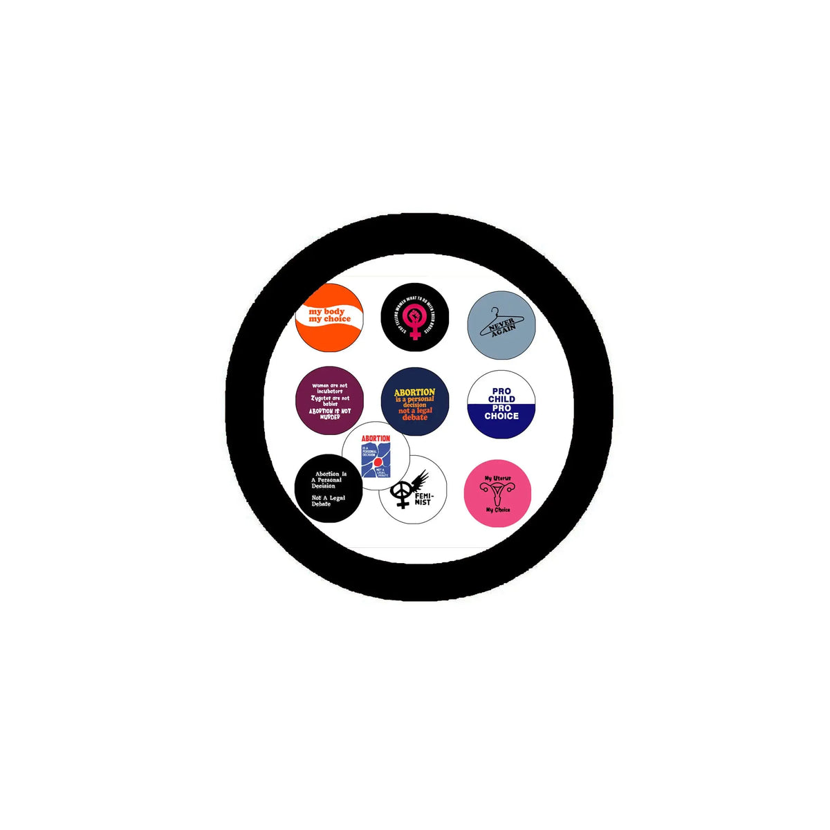 Round pinback button with colorful feminist icon collage inside black border