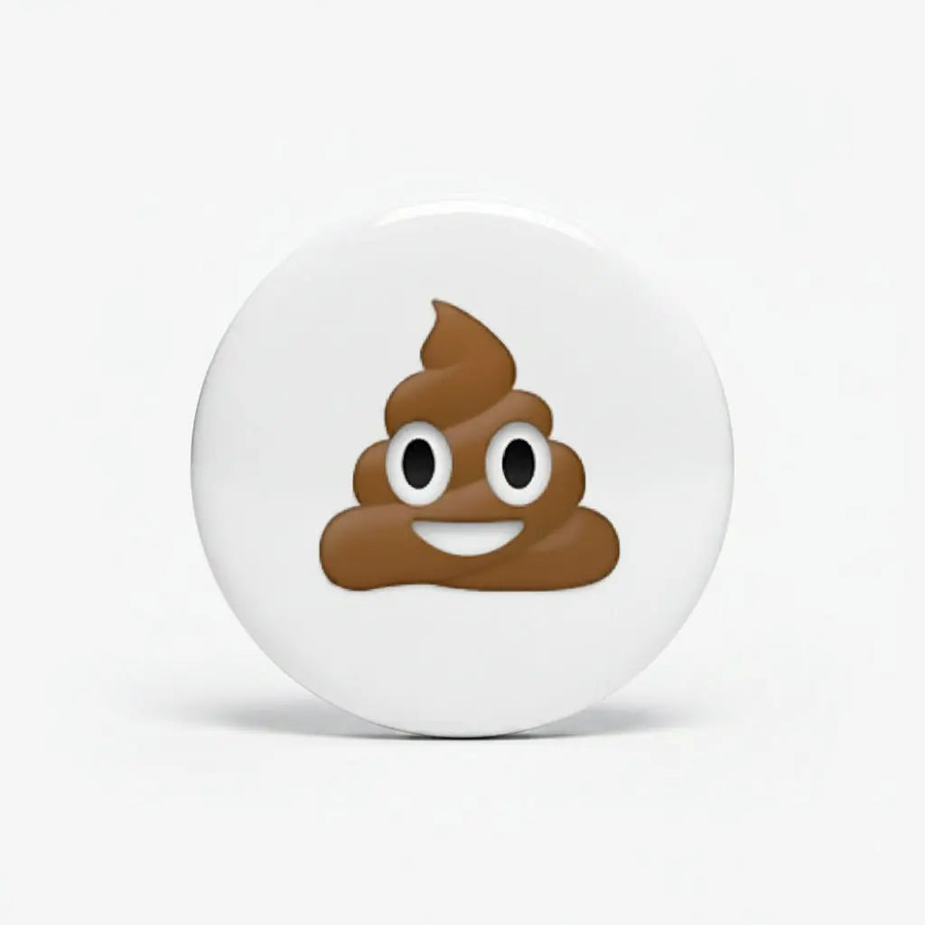 Poop emoji pinback button, white round face with brown cartoon poop character