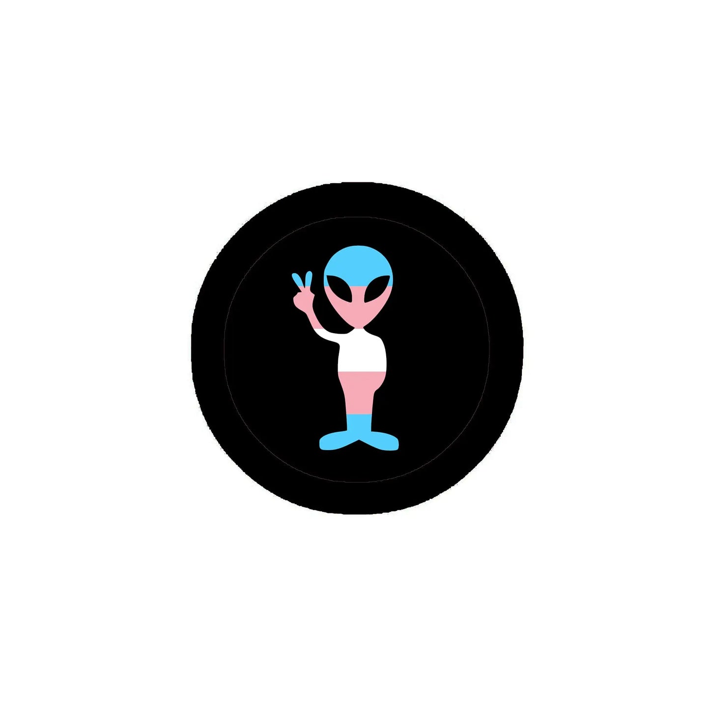 2.25-inch pinback badge, round black with colorful alien-like figure icon