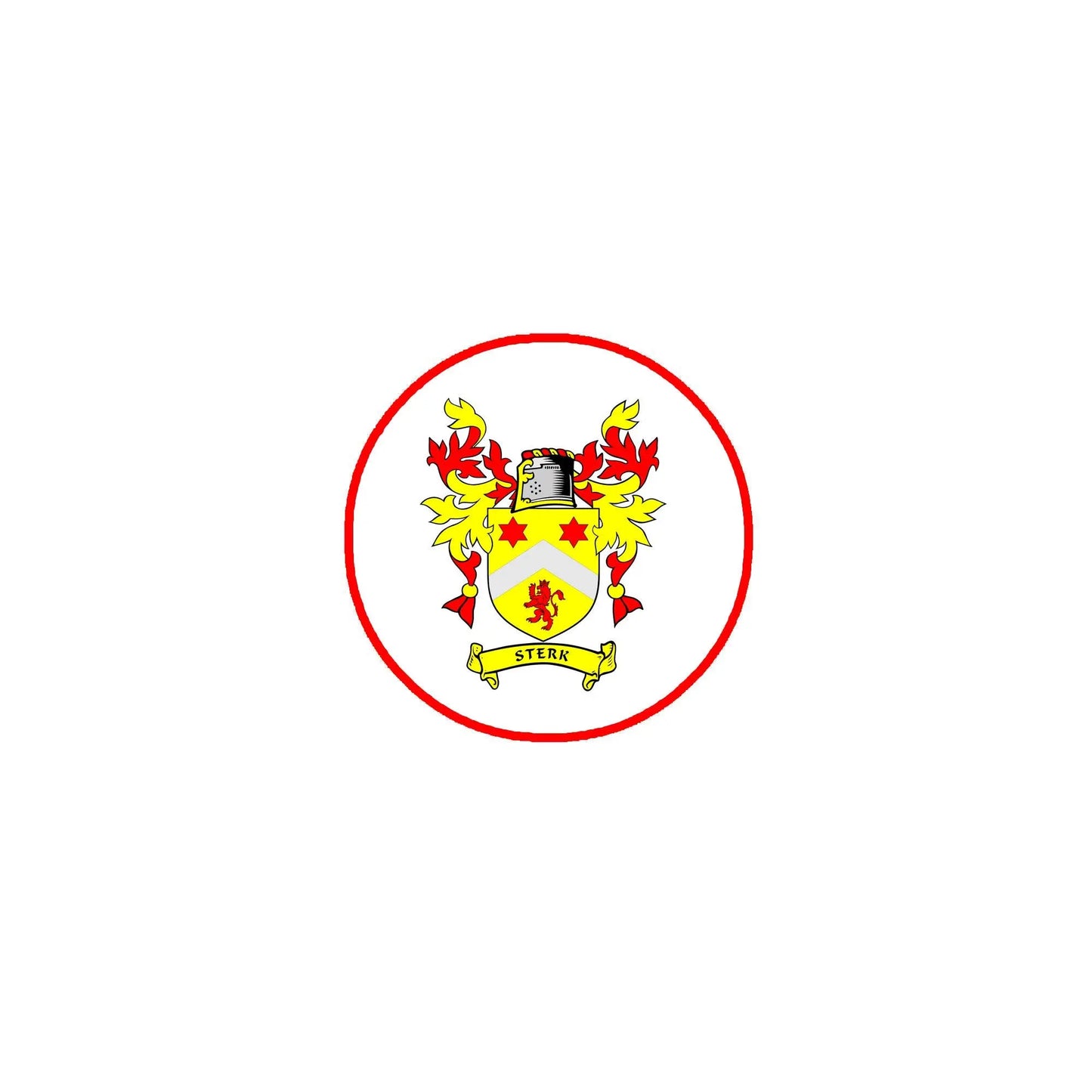 Round red-bordered family coat of arms crest magnet, detailed shield and banner