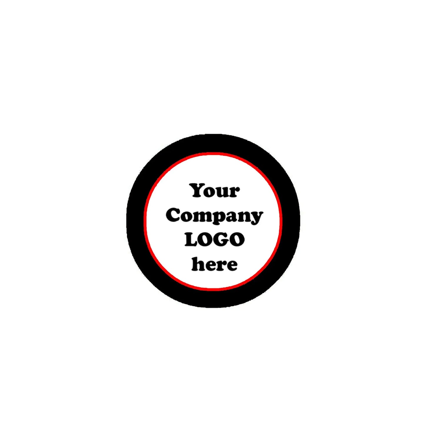 2.25-inch pinback button, black rim, red ring, white logo text