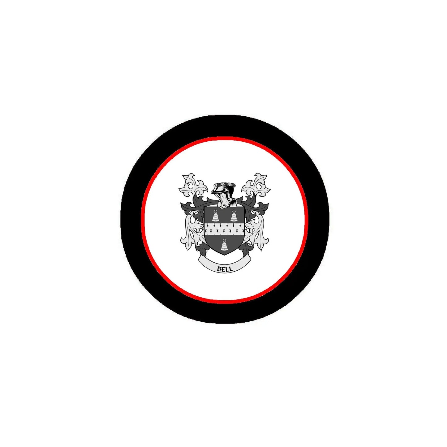 3-inch round Bell family crest coat of arms magnet, black ring with red border