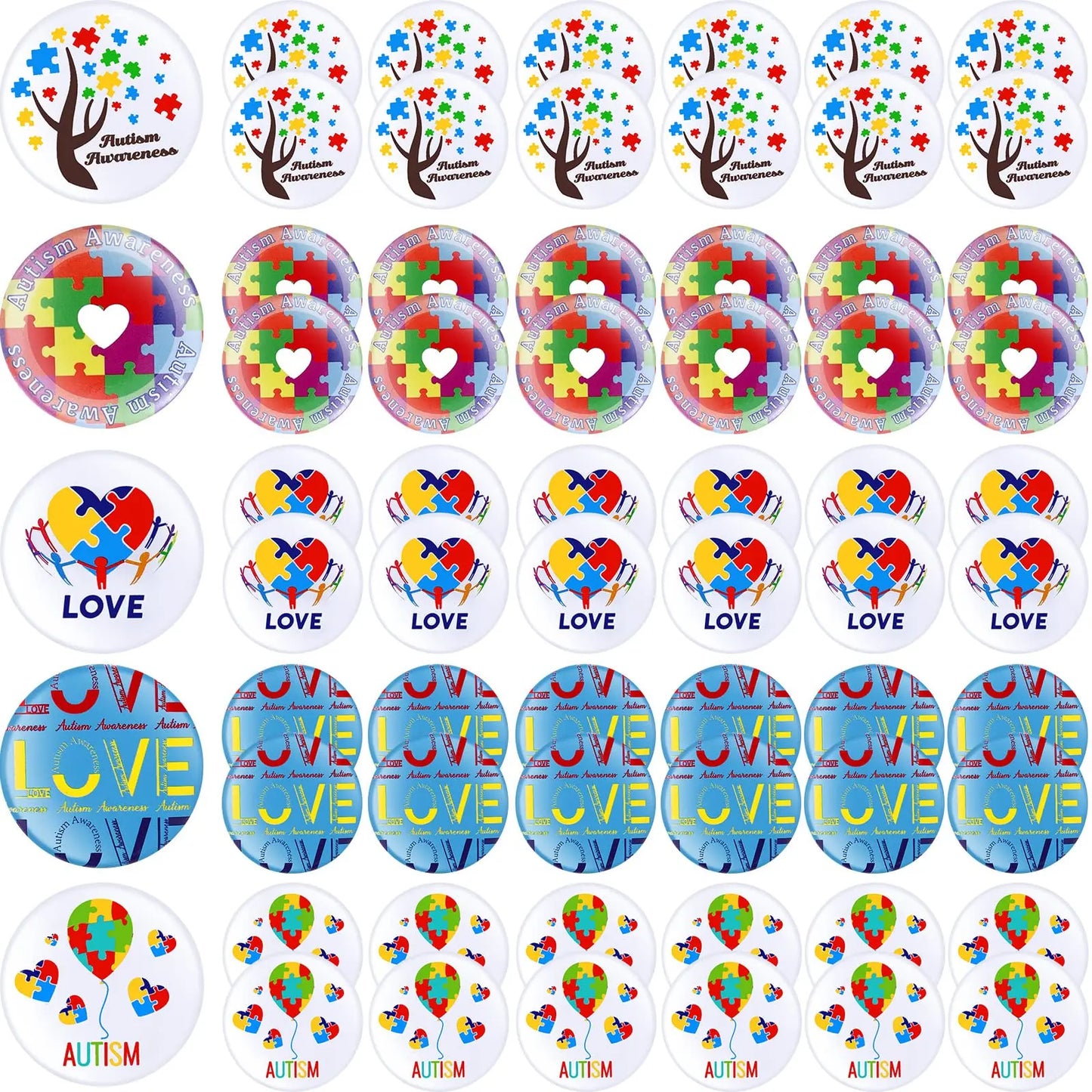 Set of round autism awareness pinback buttons with colorful puzzle piece and heart designs