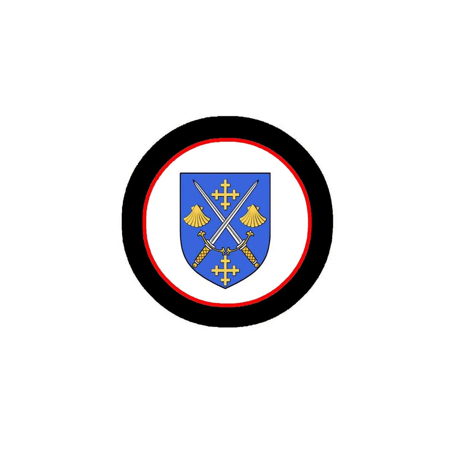 3-inch circular coat of arms magnet with blue shield and gold symbols on black ring