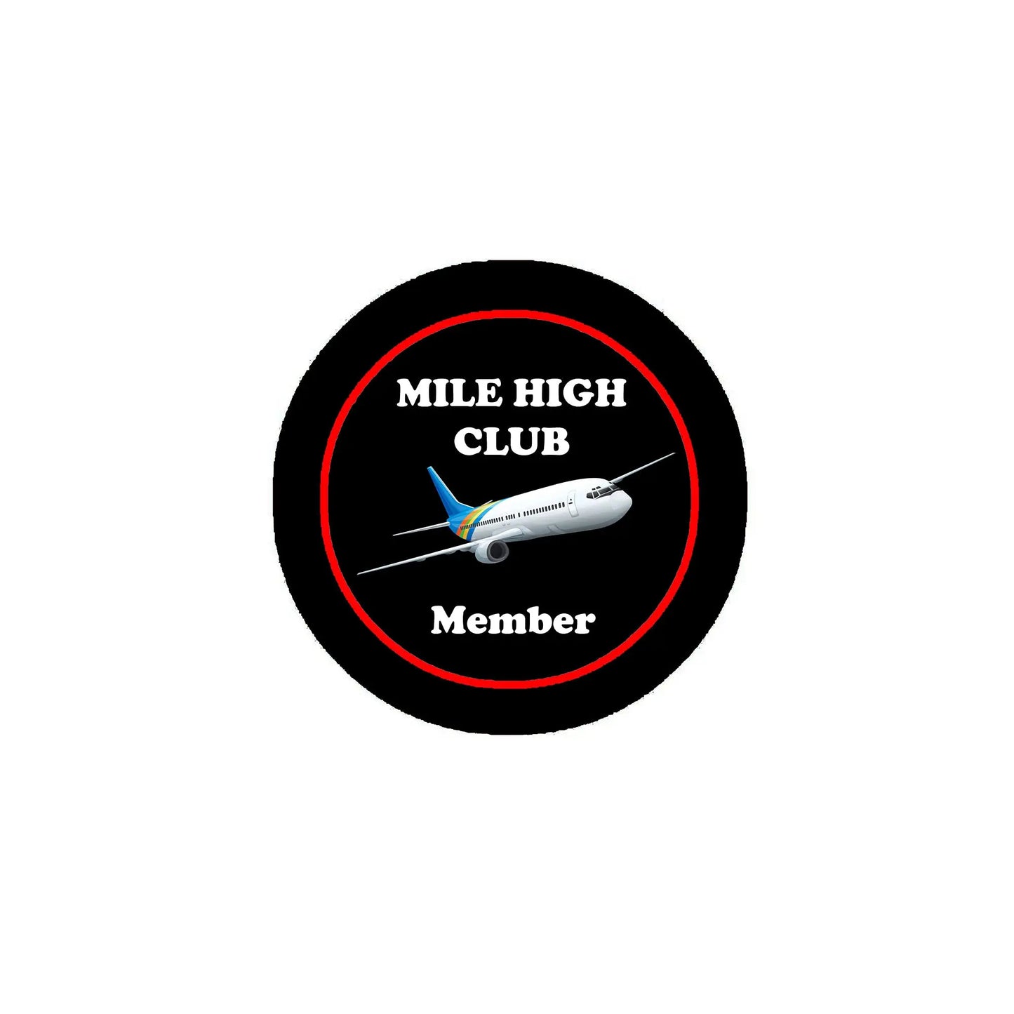 Round 2.25-inch pin badge with black face, red border, airplane and 'Member' text