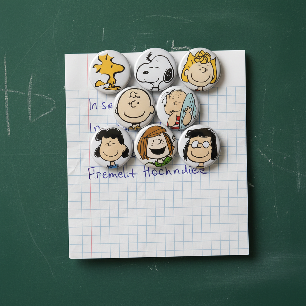 Eight round Snoopy-themed buttons arranged on a square sheet of graph paper, placed on a dark green chalkboard background.