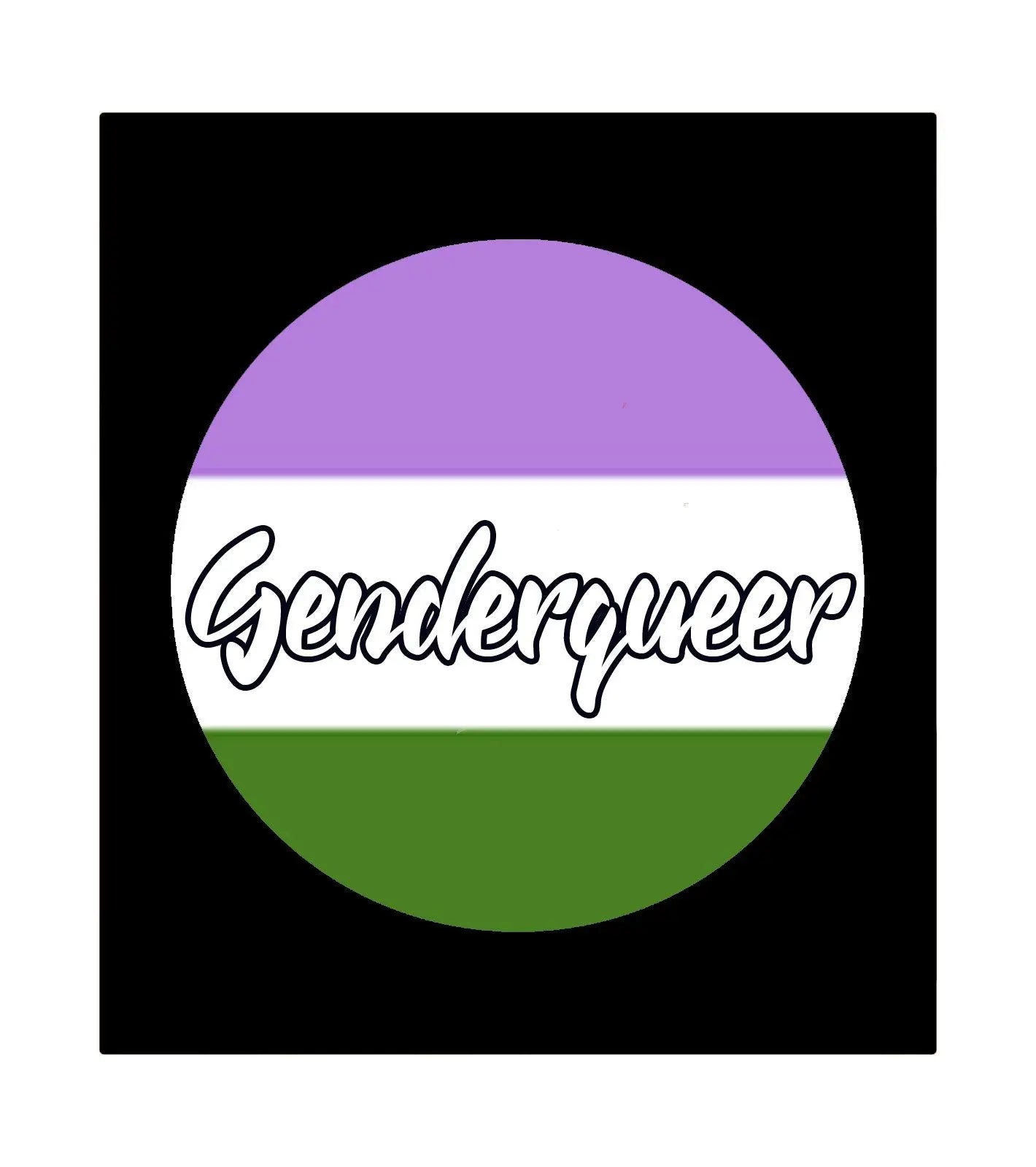 Genderqueer pride round fridge magnet with purple, white, and green flag and cursive text