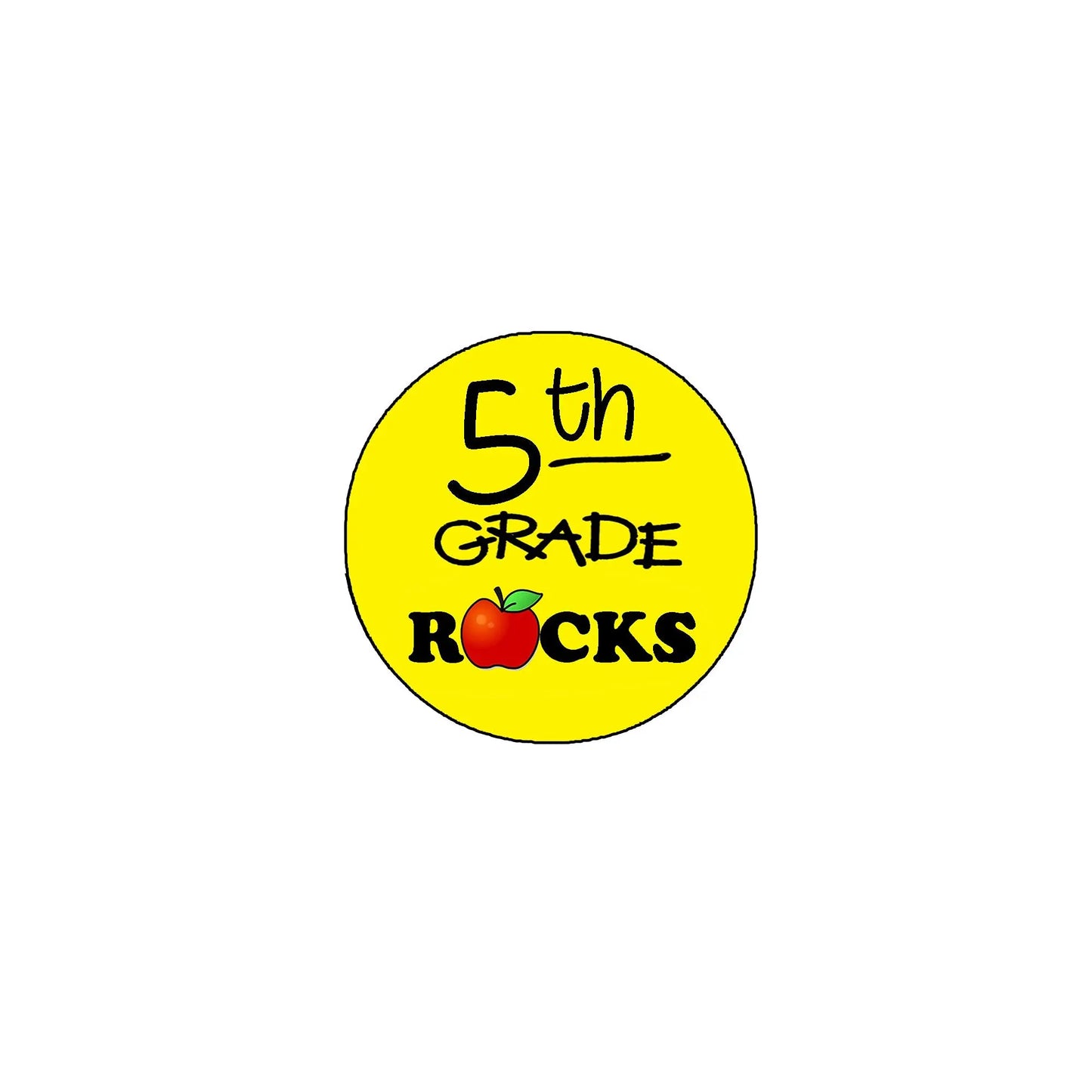 Yellow 2.25-inch pinback badge with “5th Grade Rocks” text and red rock icon