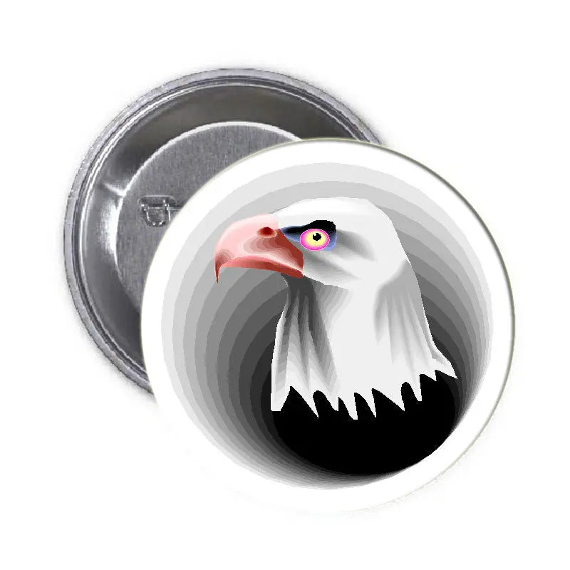 Eagle head pinback button, 1.25-inch, with colorful eye and red beak.