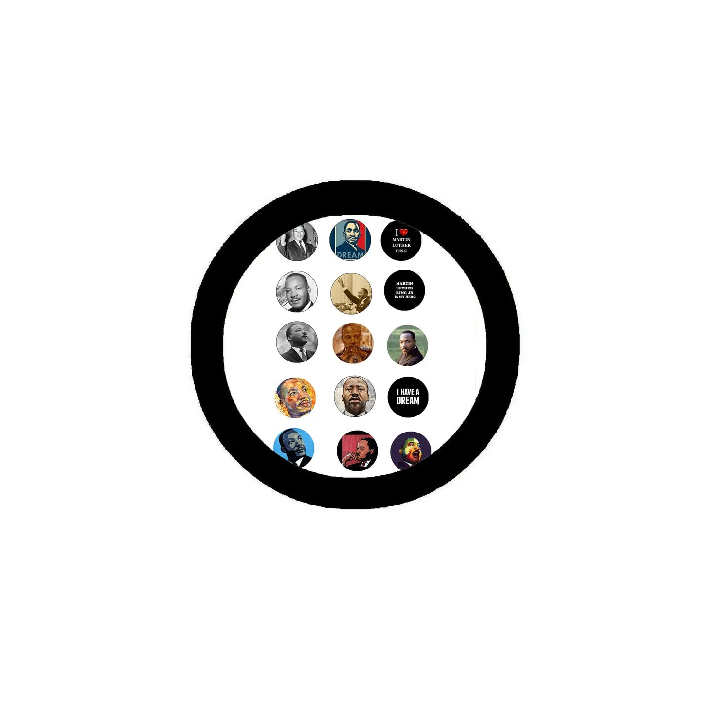 12-pack pinback buttons set, round pins in black circular holder