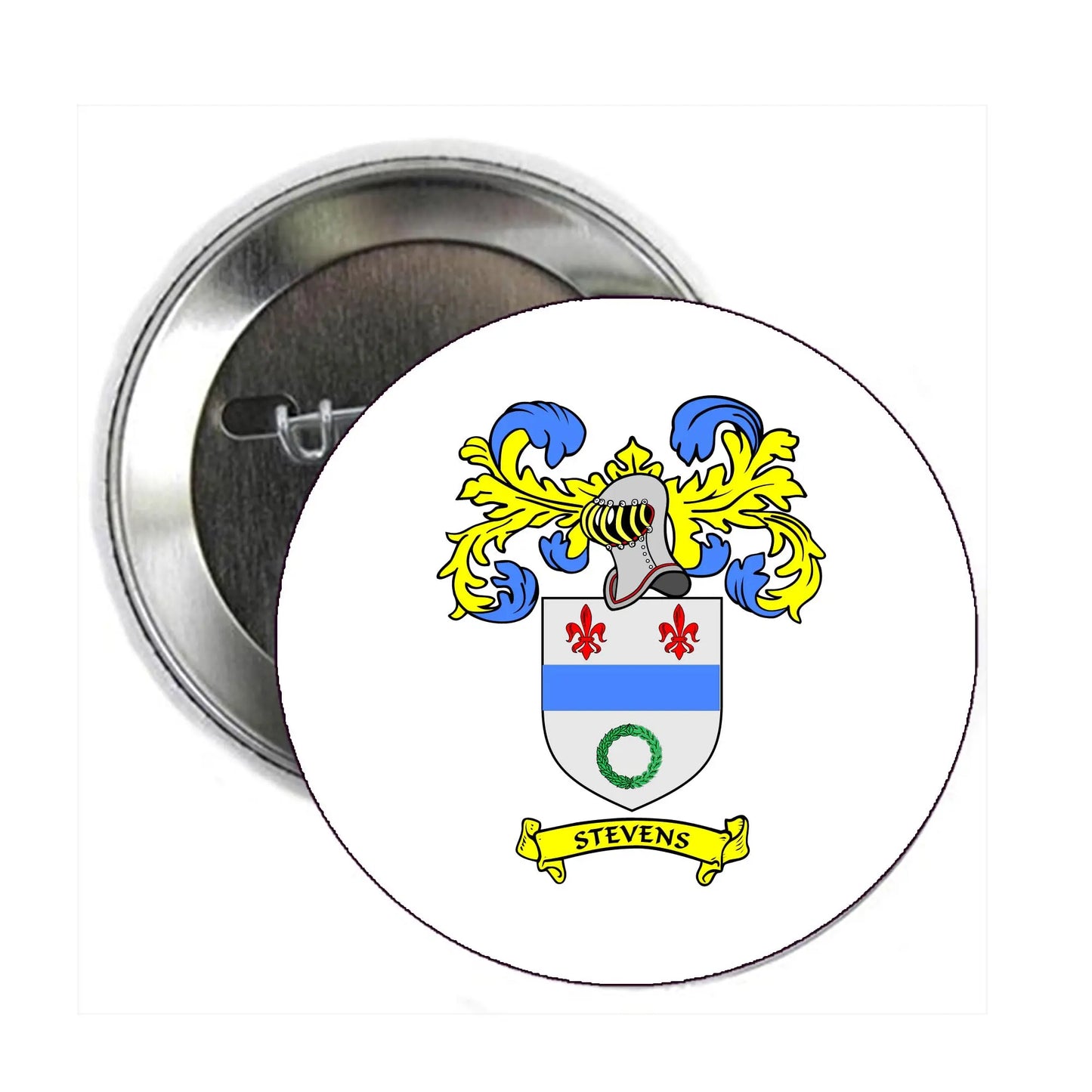 Round metal pinback badge with colorful family crest and shield design, text “STEVENS”