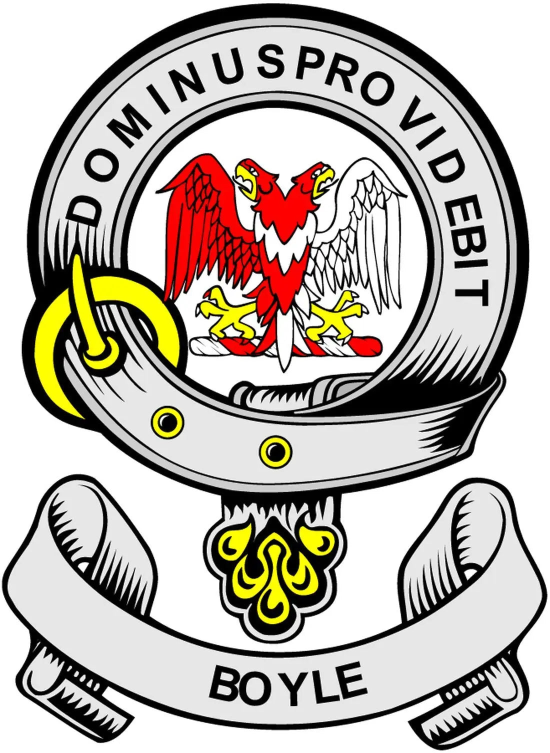 Round Boyle family crest magnet with red eagle and banner text, 3-inch