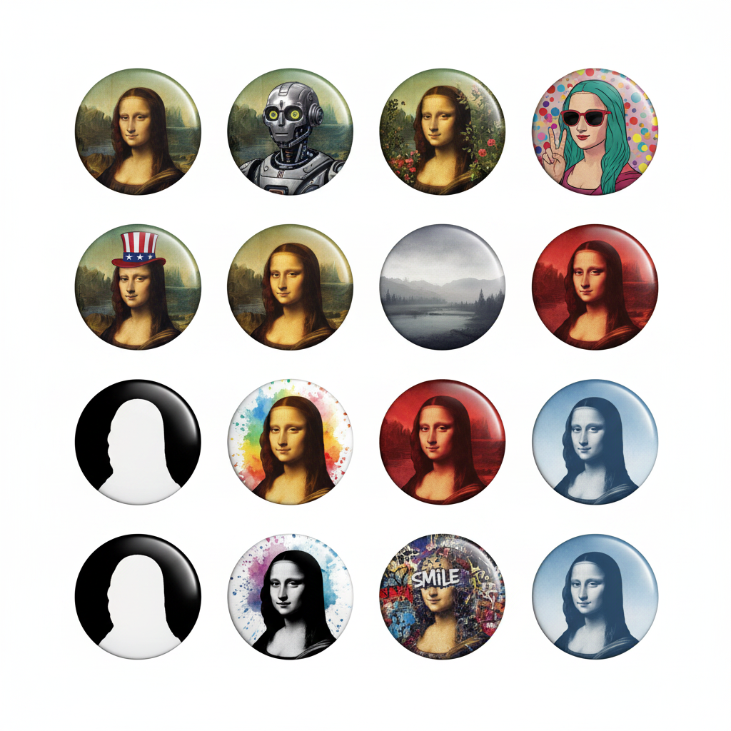 Round pinback buttons set with Mona Lisa portraits; includes sunglasses and SMILE design