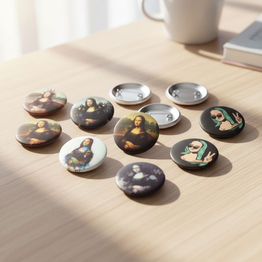Round pinback buttons with metal backs and Mona Lisa artwork, arranged on tabletop