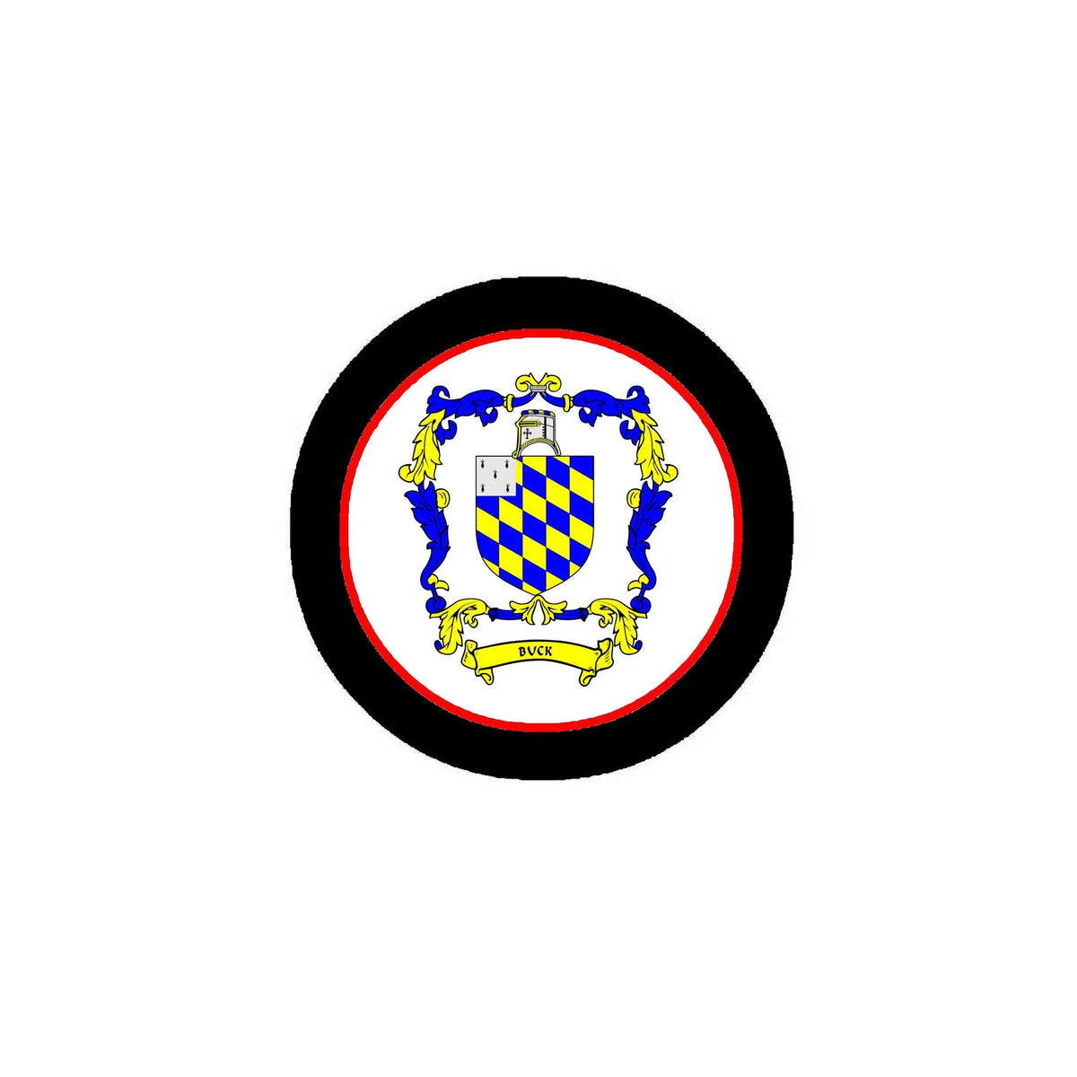 3-inch circular family crest coat of arms magnet with black border and blue shield