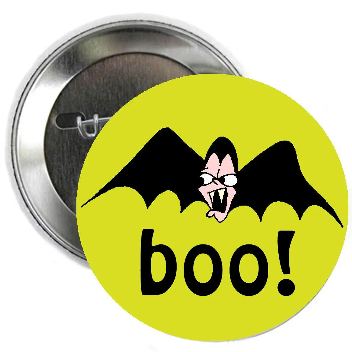 Yellow round Halloween pinback button with black bat and "boo!" text