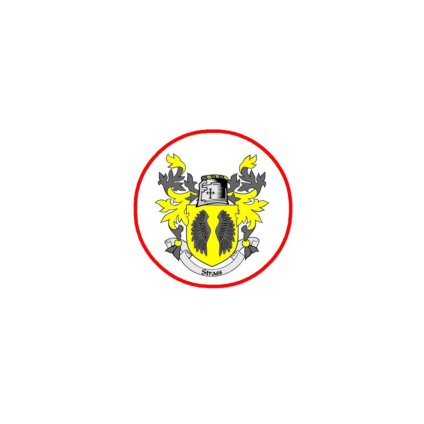 Round coat of arms pinback badge with red border and black-and-gold crest