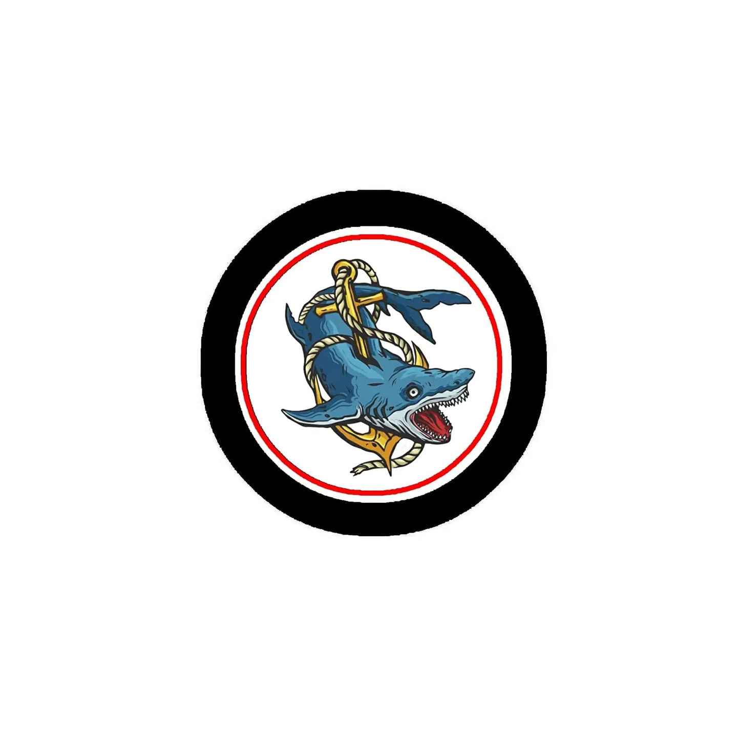 tattoo-themed pinback button with black border and blue bird/dog dagger illustration