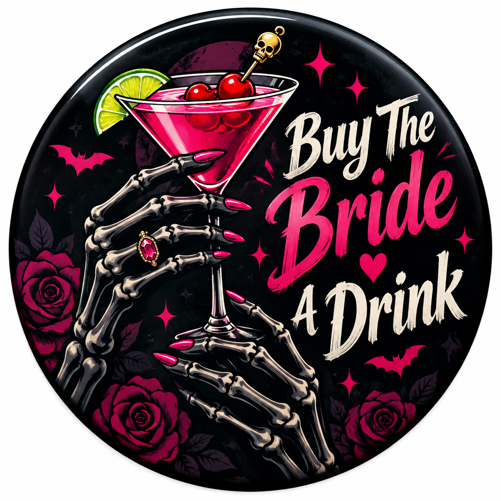 Edgy Skeleton Hands Buy The Bride A Drink Pin Button 2.25-inch