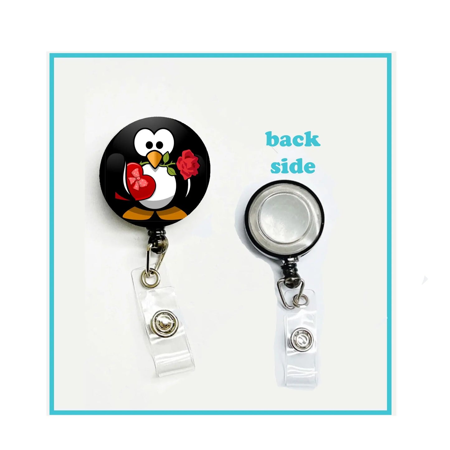 Felt penguin nurse badge reel with heart and rose, retractable badge holder and key clip