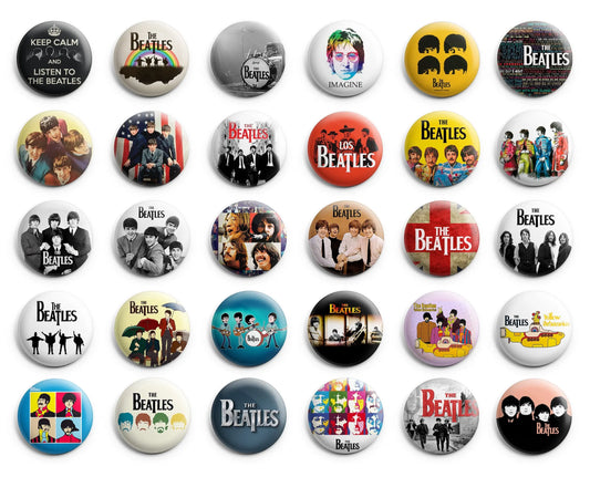 Set of 30 round The Beatles theme buttons with assorted colorful designs
