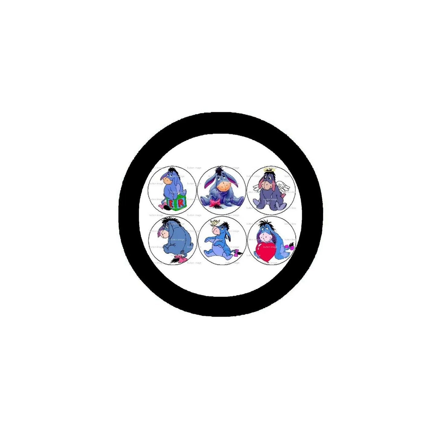 Round cartoon animal pinback button, black border, 1.25-inch