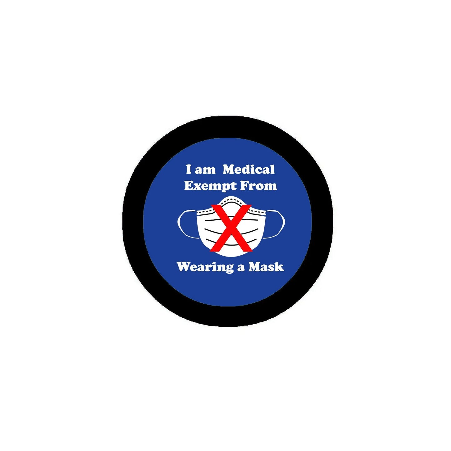 Round blue medical exemption mask pinback button badge with white mask and red X, centered text