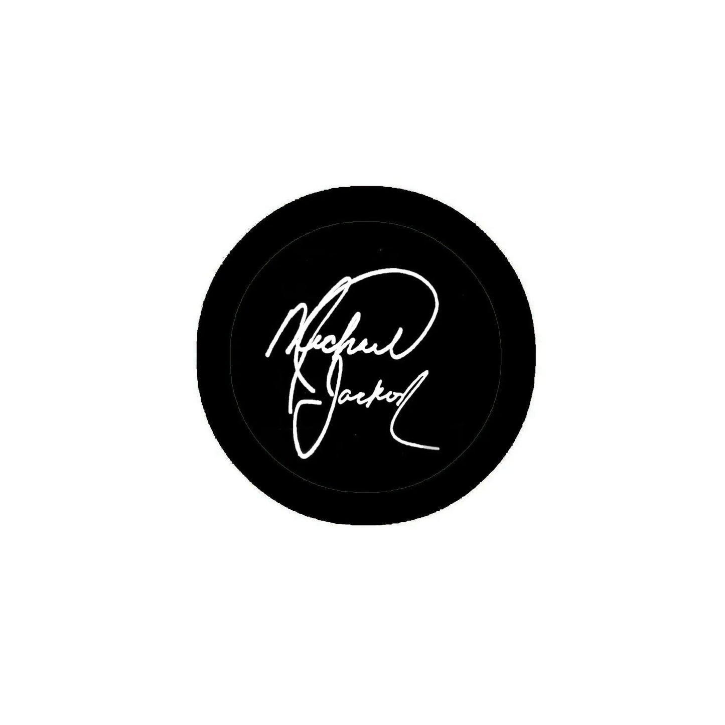 Black pinback button badge with white script signature text