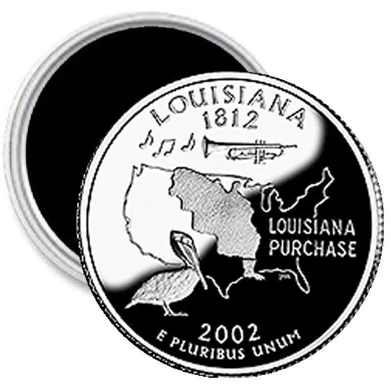 Round 2.25-inch magnet coin with Louisiana map and 'Louisiana Purchase' text