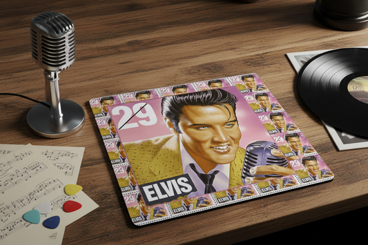Elvis-themed stamp design mousepad with microphone portrait on wooden desk