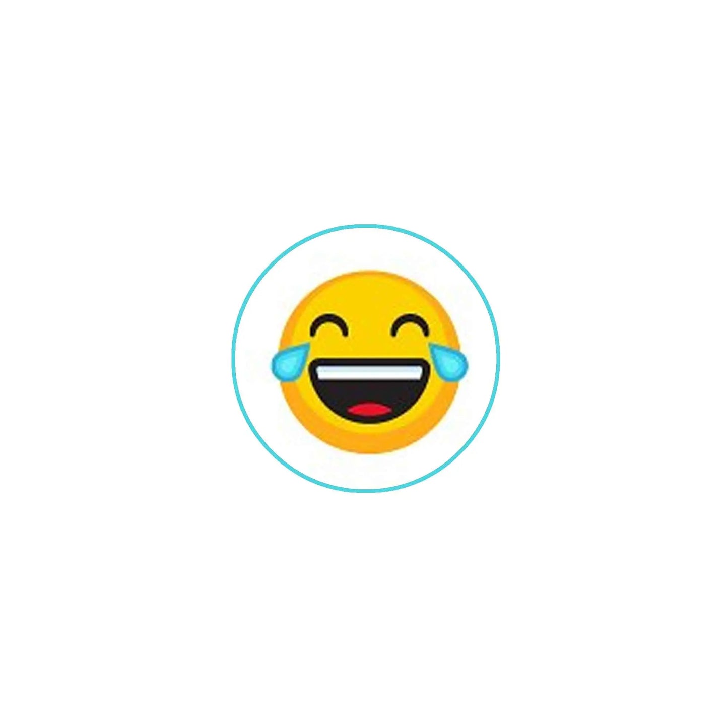 Crying cartoon emoji pin badge, round yellow face with blue tears and smiling mouth