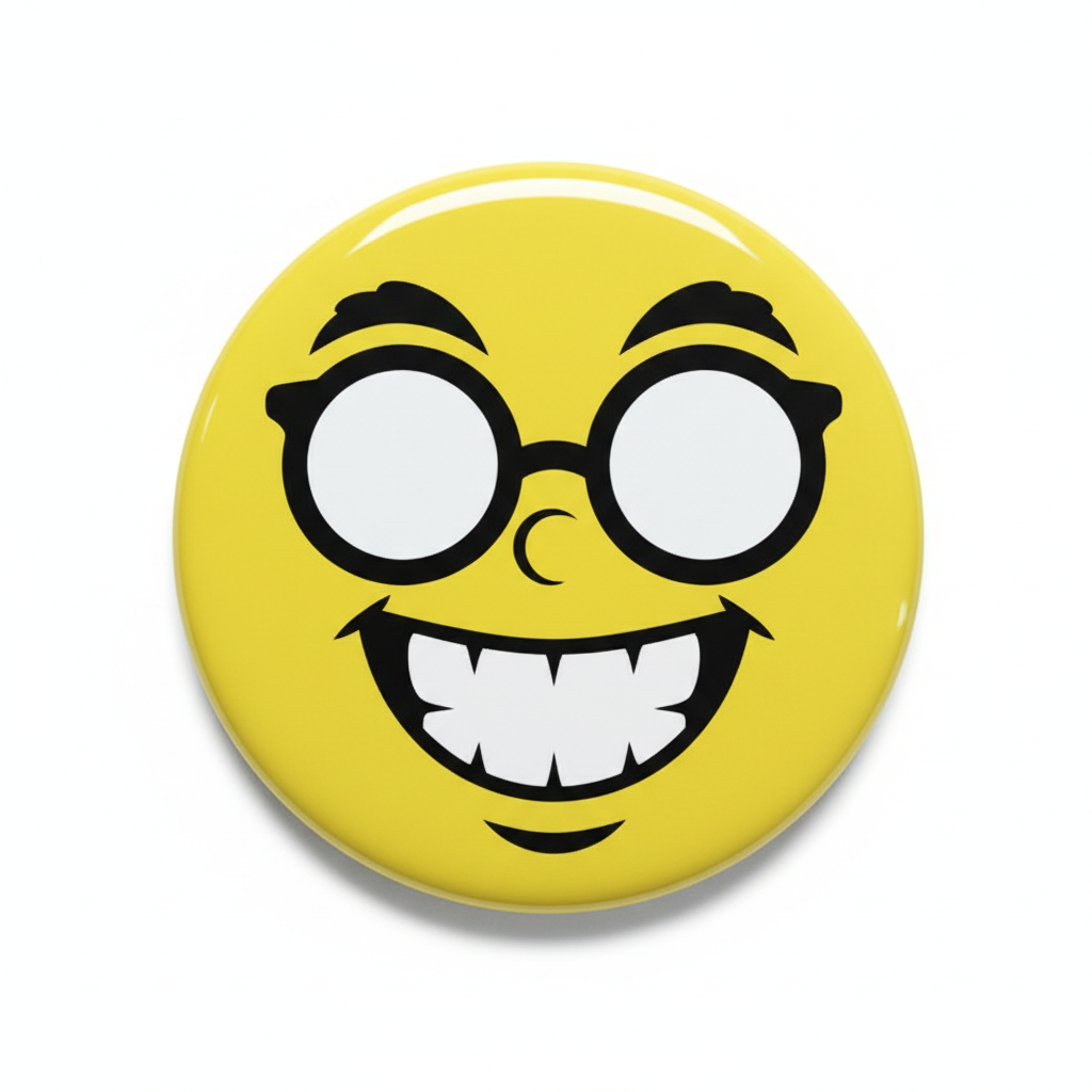Yellow emoji nerd pinback button with big round glasses and smiling grin