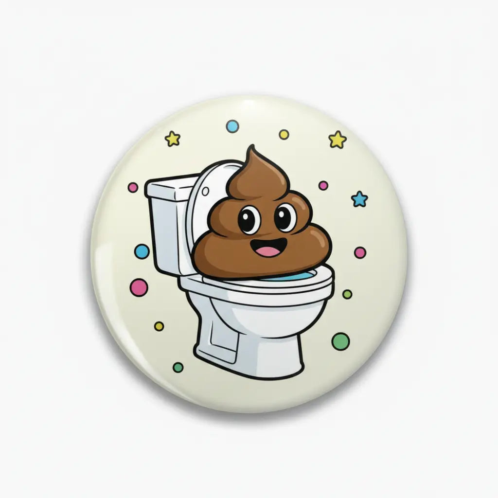 Toilet-themed emoji poo pinback button with brown cartoon character in toilet