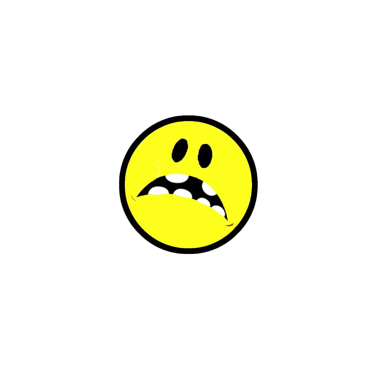 1.25-inch retro yellow smiley scary face pinback with black border and jagged teeth