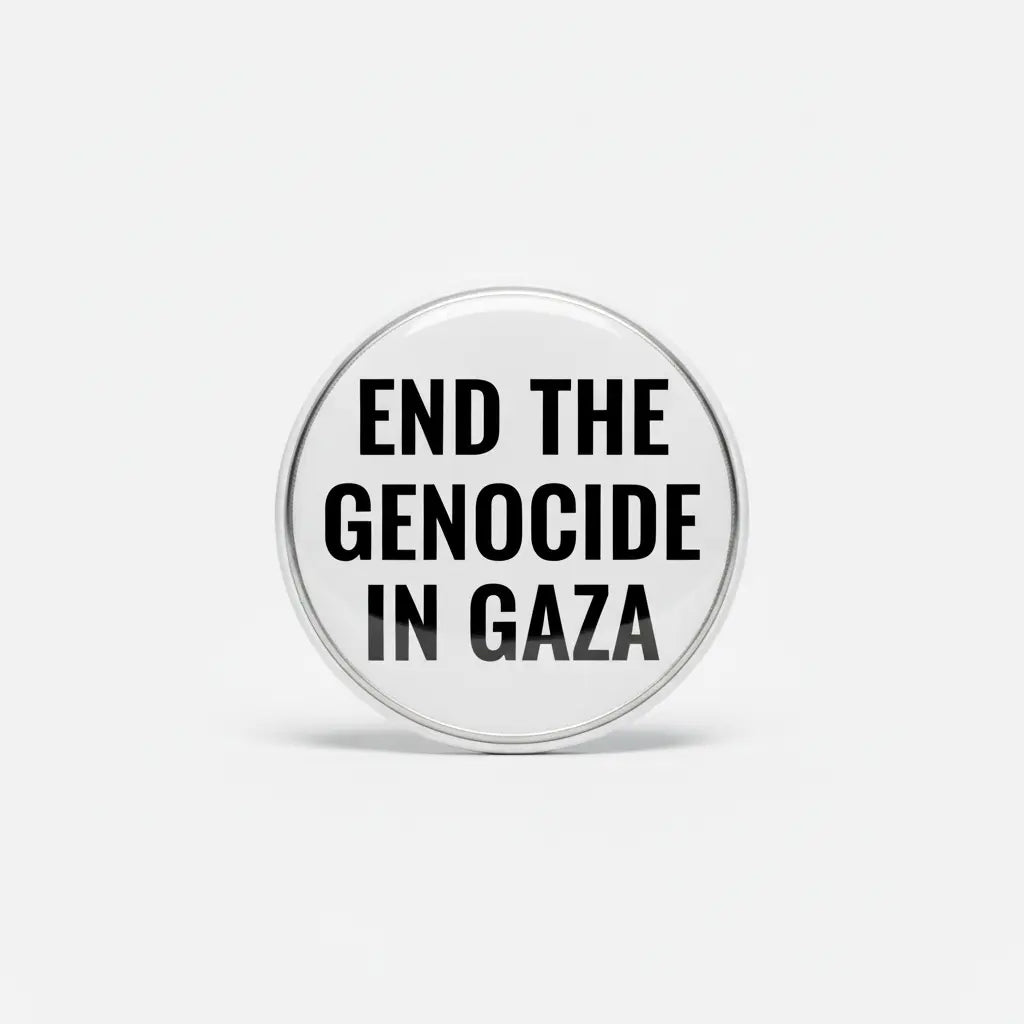 2.25-inch pinback button with 'END THE GENOCIDE IN GAZA' text