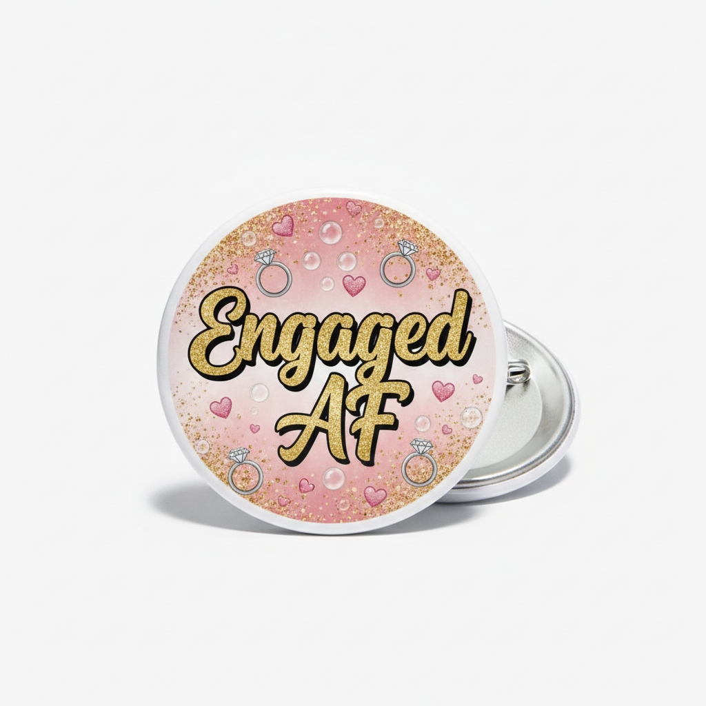 Round bachelorette pin with pink sparkle background and “Engaged AF” text, metal pinback