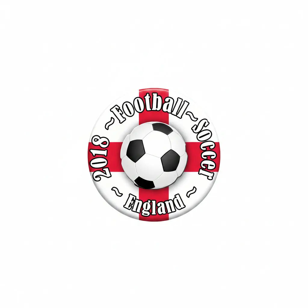 England soccer pinback button, circular white design with black soccer ball and 'Football' text
